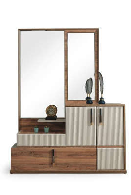 Mobile per camera da letto con specchio bianco-marrone in legno, set di mobili da design.