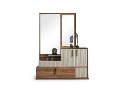 Mobile per camera da letto con specchio bianco-marrone in legno, set di mobili da design.