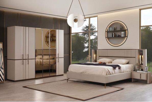 Letto matrimoniale beige moderno con 2 comodini e armadio in legno.