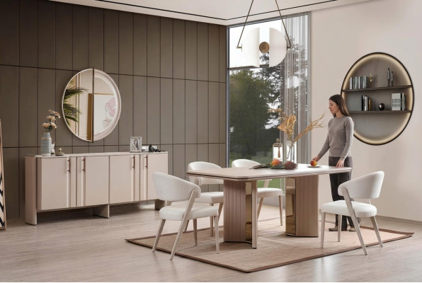 Completo set da pranzo beige per sala da pranzo, tavolo, sedie, credenza, specchio.