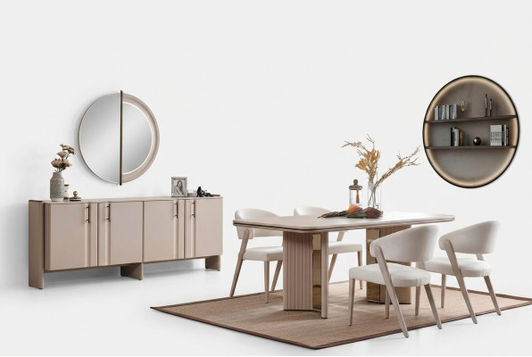 Completo set da pranzo beige per sala da pranzo, tavolo, sedie, credenza, specchio.