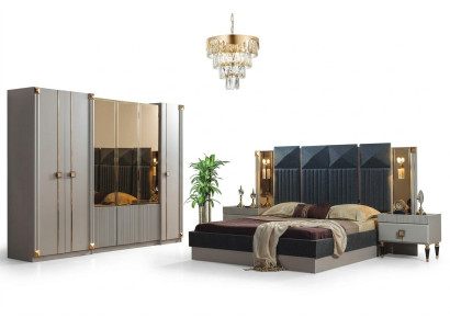 Mobili da camera da letto di lusso - Letto matrimoniale imbottito in legno con comodini e armadio.