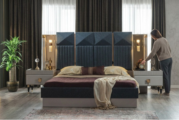Mobili da camera da letto moderni Designer Letto grigio 2 comodini in legno 3 pezzi