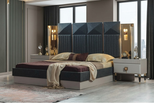Mobili da camera da letto moderni Designer Letto grigio 2 comodini in legno 3 pezzi