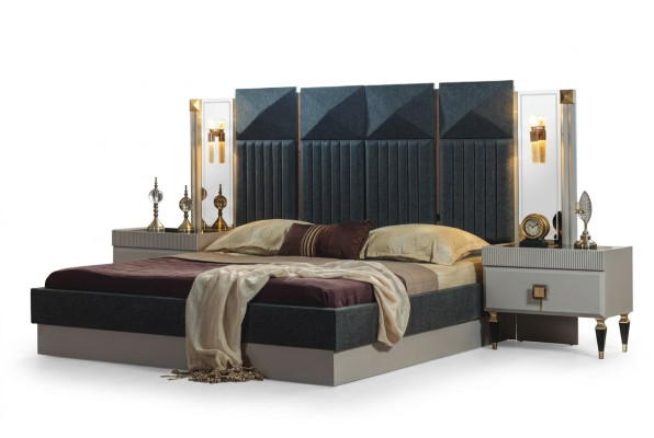 Mobili da camera da letto moderni Designer Letto grigio 2 comodini in legno 3 pezzi