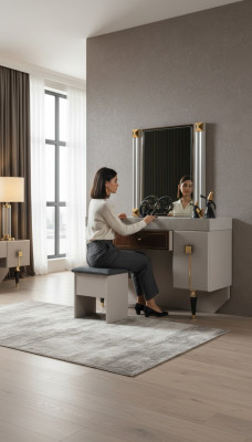 Arredamento in legno moderno per la camera da letto con panchina, specchio e set delle gambe.