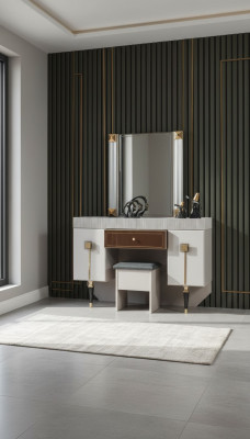Arredamento in legno moderno per la camera da letto con panchina, specchio e set delle gambe.