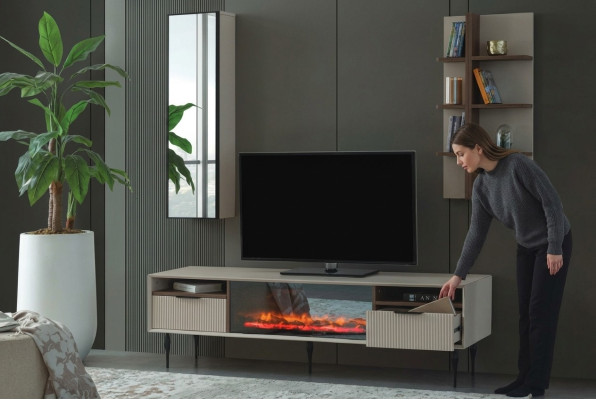Mobile TV beige in legno di lusso di design per parete con scaffale a 3 pezzi.