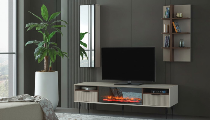 Mobile TV beige in legno di lusso di design per parete con scaffale a 3 pezzi.