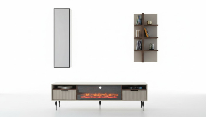 Mobile TV beige in legno di lusso di design per parete con scaffale a 3 pezzi.