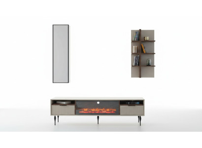 Mobile TV beige in legno di lusso di design per parete con scaffale a 3 pezzi.