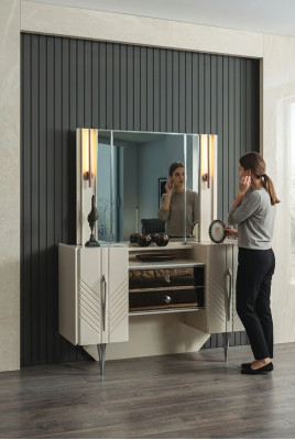 Set da camera da letto bianco di lusso con specchiera e tavolino da trucco, design a 2 pezzi.