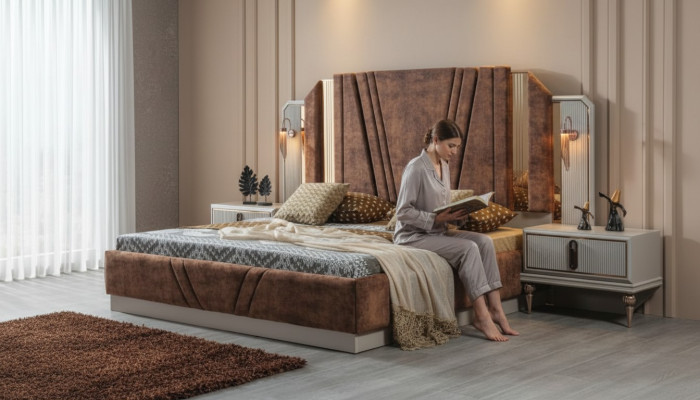 Beige Lussuoso set da letto 2x comodini camera da letto Mobili design 2pz.