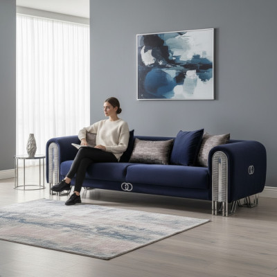 Divano di lusso imbottito blu da 240 cm per il soggiorno.