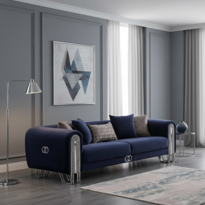 Divano di lusso imbottito blu da 240 cm per il soggiorno.