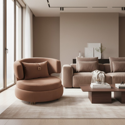 Poltrona di lusso soggiorno imbottita in tessuto marrone, seduta moderna e design nuovo.