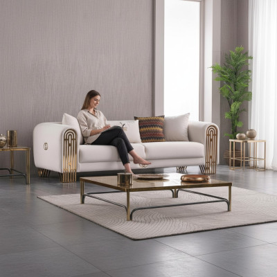 Sofa in acciaio inossidabile per il soggiorno bianco con rivestimenti tessili nel design e stile dell'arredamento.