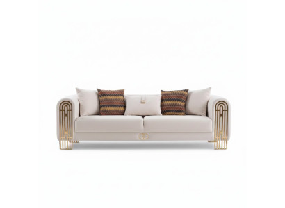 Sofa in acciaio inossidabile per il soggiorno bianco con rivestimenti tessili nel design e stile dell'arredamento.