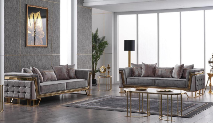 Set di divani grigi di lusso con divano a tre posti e poltrona. Set moderno di divani.