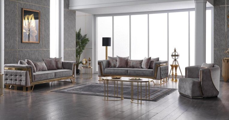 Set di divani grigi di lusso con divano a tre posti e poltrona. Set moderno di divani.