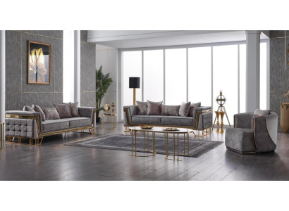 Set di divani grigi di lusso con divano a tre posti e poltrona. Set moderno di divani.