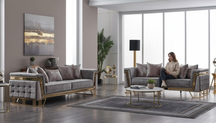 Set di divani di lusso, divano a tre posti, tessuti da designer, gruppo di arredamento moderno.