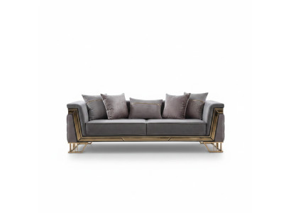 Grande divano grigio a tre posti da salotto di lusso, in tessuto di design.