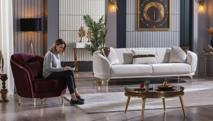 Divano con piedini in acciaio inossidabile Tre posti + poltrona Moderno divano da soggiorno