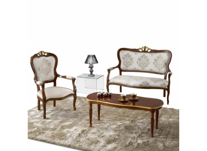 Classico set di sedute divano a due posti poltrona tavolino da salotto mobili in legno di design