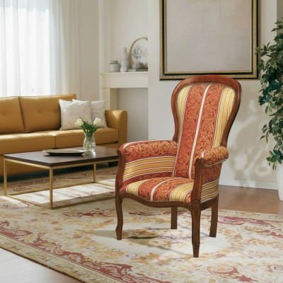 Poltrona classica in tessuto imbottito di lusso con struttura in legno nuova.