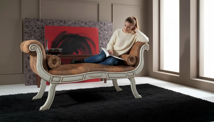 Panca classica per il soggiorno, designer imbottita in stile barocco, nuova.
