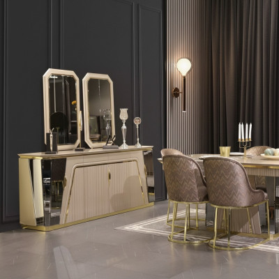 Moderno set da sala da pranzo, tavolo da pranzo con credenza e specchio, nuovo arredamento di lusso.