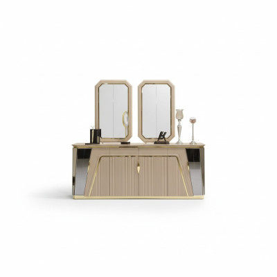 Moderno set da sala da pranzo, tavolo da pranzo con credenza e specchio, nuovo arredamento di lusso.