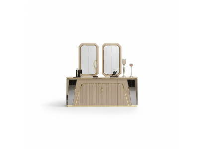 Moderno set da sala da pranzo, tavolo da pranzo con credenza e specchio, nuovo arredamento di lusso.