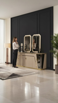Mobile buffet di lusso per sala da pranzo, sideboard moderno, design commode, specchio, mobili nuovi.