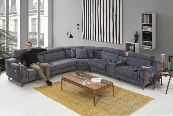 Divano d'angolo grigio soggiorno lussuoso divano a L design moderno tessuto.