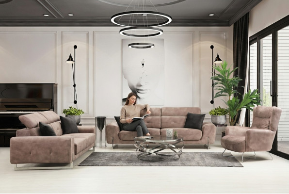 Set divano tre posti divano poltrone moderne in tessuto design per soggiorno.