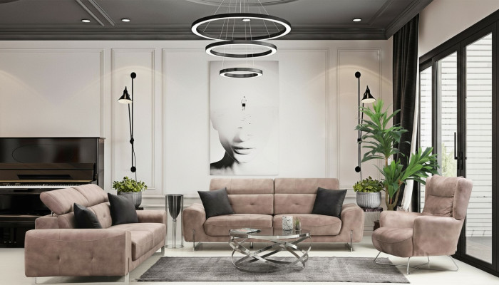 Set divano tre posti divano poltrone moderne in tessuto design per soggiorno.