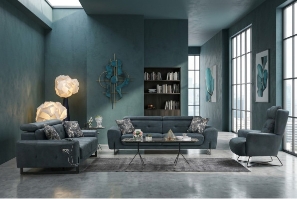 Set moderno composto da 3 pezzi per il soggiorno: divano e poltrone design, nuovi.