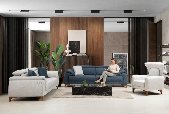 Set soggiorno moderno di lusso. Divano a 3 pezzi. Arredo imbottito tessile nuovo.