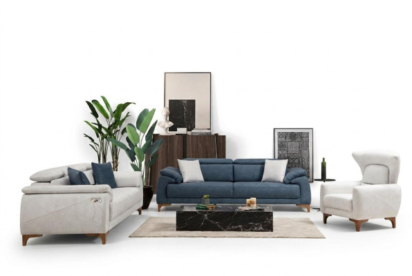 Set soggiorno moderno di lusso. Divano a 3 pezzi. Arredo imbottito tessile nuovo.