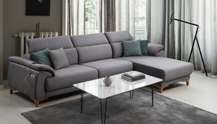 Sofà ad angolo moderno a L, divano soggiorno design di lusso.