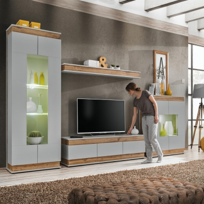 Moderna parete attrezzata grigio marrone in legno con supporto TV 2x vetrine design di lusso