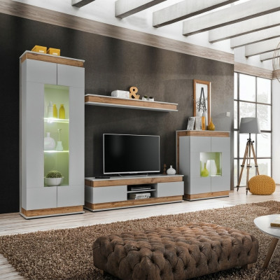 Moderna parete attrezzata grigio marrone in legno con supporto TV 2x vetrine design di lusso