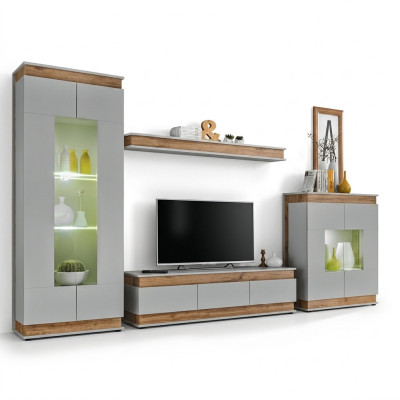 Moderna parete attrezzata grigio marrone in legno con supporto TV 2x vetrine design di lusso