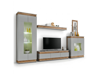 Moderna parete attrezzata grigio marrone in legno con supporto TV 2x vetrine design di lusso