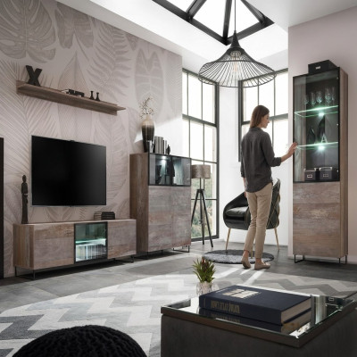 Set da soggiorno moderno con mobile TV, design, vetrina, mobili in legno nuovi.