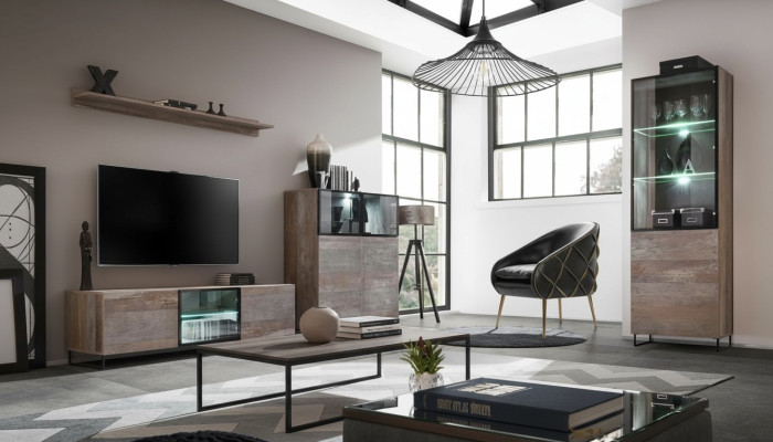 Set da soggiorno moderno con mobile TV, design, vetrina, mobili in legno nuovi.