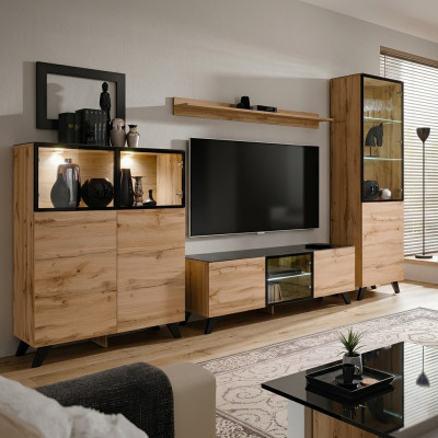 Set soggiorno moderno, vetrina, comò, pareti attrezzate, porta TV, design nuovo.