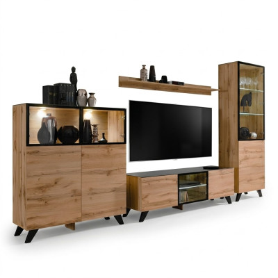 Set soggiorno moderno, vetrina, comò, pareti attrezzate, porta TV, design nuovo.